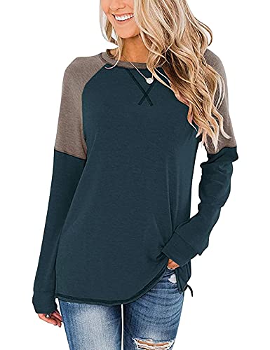 Nekosi Damen lässig Langarm Farbe Block Shirt Rundhalsausschnitt Tunika lose Bluse Tops Dunkelblau XL