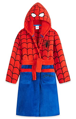 Marvel Bademantel Kinder Jungen Fleece, Spiderman Morgenmantel Kinder mit Kapuze (Rot/Blau, 7-8 Jahre)