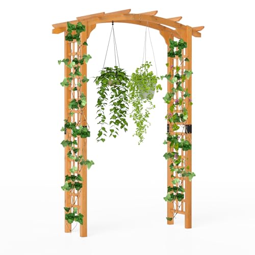GOPLUS Rosenbogen Holz, Torbogen mit mit Spalieren & erweitertem Dach, Gartenbogen Pergola Rankhilfe für Kletterpflanzen, Hochzeitsbogen Rankbogen für Garten, Hochzeiten & Partys (160 x 60 x 229 cm)