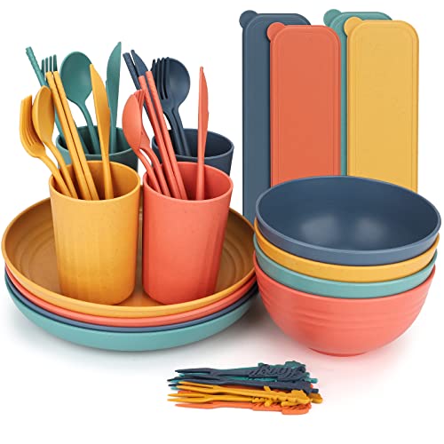 Camping Geschirr Set,44-teiliges Picknickgeschirr Tafelservice Campinggeschirr Kombiservice Tafelgeschirr mit Schüssel Teller Esslöffel Essgabel Essmesser und Becher,für Picknick, Camping, Küche
