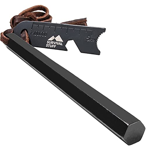 SURVIVAL STUFF Hexa 15,2 cm - XXL Feuerstarter - Hexagonale Form - Extrem Starker und heißer Funkenflug - Feuerstein für Bushcraft, Survival Outdoor - Mit Lederband und Funkenschaber