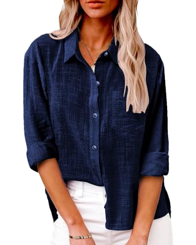 Friptspyg Musselin Bluse Damen Lässiges Langarm Hemdbluse Elegant Blusen & Tuniken für Damen V-Ausschnitt 100% Baumwolle Solide Sommer Oberteile mit Tasche, Marineblau L