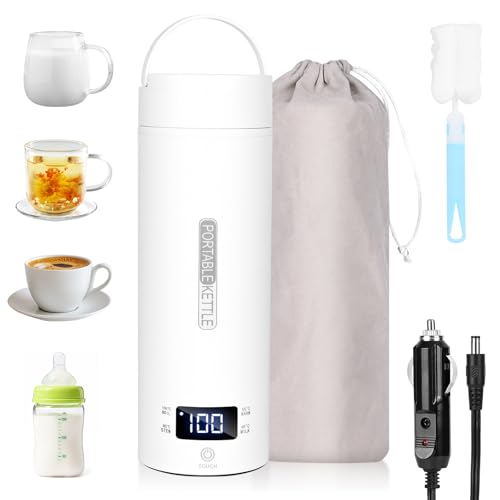 Dreamhigh® Reisewasserkocher, 500ml Mini Wasserkocher, 96W Wasserkocher Klein aus Edelstahl, Auto Wasserkocher, Unterwegs Heizung Automatisch Abschalten für Tee,Kaffee,Babymilch Auto (12V)