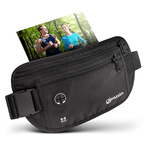 praxxim Die Bauchtasche zum Joggen - Perfekt sitzende Lauftasche - Bauchtasche Damen & Herren - Gürteltasche - Laufgürtel für Jogging und alle Handy Größen (schwarz)