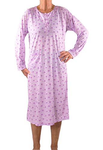 Seniorenmode24 Damen Senioren Oma Nachthemd mit Blumenmuster kuschelig weich aus Baumwolle ideal für pflegebedürftige Omas einfach anzuziehen und super pflegeleicht (lila, 56/58)