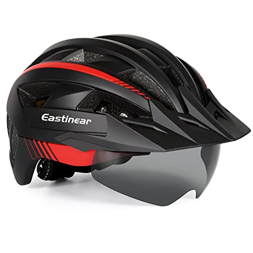EASTINEAR Fahrradhelm LED Rücklicht Wiederaufladbarem Mountainbike Helm für Erwachsene Herren Damen Ultraleicht Fahrradhelm mit Visier (L: 57-61cm, Schwarz Rot)
