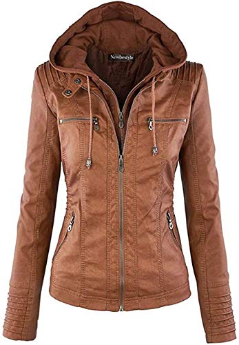 Newbestyle Jacke Damen Lederjacke Frauen Tops Kunstleder Mantel Casual Übergangsoberteil,brown,M