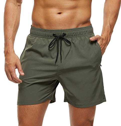 Arcweg Badehose für Herren mit Reißverschlusstasche Atmungsaktiv Wasserabweisend Badeshorts Männer Trainingsshorts Elastisch Verstellbar Mit Tunnelzug Meshfutter Grün XL(EU)
