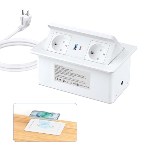 Einbau Steckdosenleiste mit USB C PD 20W und 15W Kabellosem Ladegerät, Ohuo Einbau Steckdosenleiste mit USB C Weiß für Arbeitsplatte Sofatisch Heimbüro, 2m Kabel
