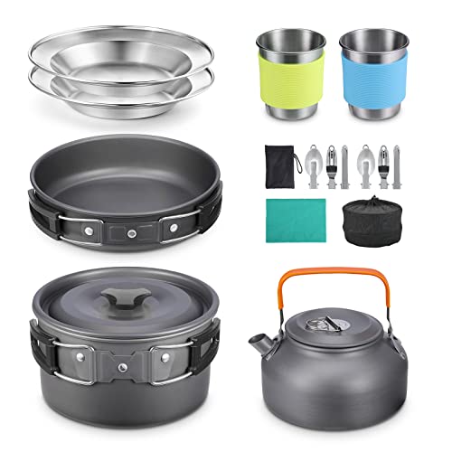 SKYSPER Camping Kochgeschirr Set 17-teiliges Outdoor Kochgeschirr Tragbar Camping Geschirr Set Aluminium Campinggeschirr Kochtopf Set Geschirr Pfanne Picknickgeschirr für Rucksackreisen Wandern