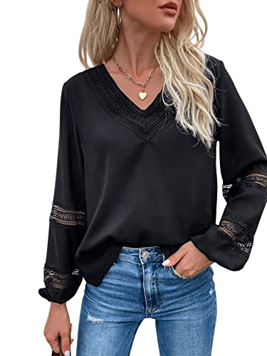 SheIn Damen Blusen Elegant Langarmshirts Spitzen Bluse OL Business Oberteile mit Spitzen Schwarz XL