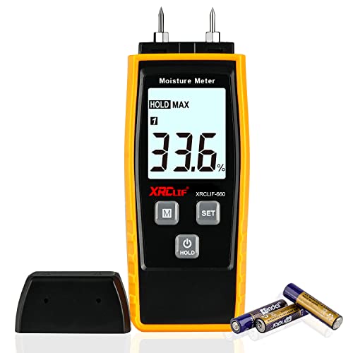 Digitales Feuchtigkeitsmessgerät Wand, XRCLIF Handgerät holzfeuchtemessgerät, Feuchtemessgerät für Lecks, Brennholz, Mauerwerk, feuchte Feuchtigkeit, Zementmörtel, Detektor mit LCD(Gelb)
