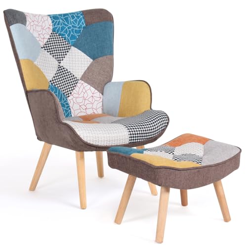 IDMarket - Ivar skandinavischer Armsessel mit Fußstütze aus mehrfarbigem Patchwork-Stoff