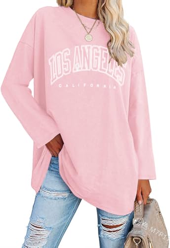 Ebifin Oversize Langarmshirt Damen Longshirt Rundhalsausschnitt Los Angeles Oberteil Langarm T Shirts Pullover Basic Tunika Tee Tops.Rosa.M