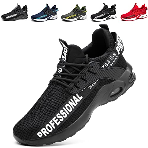 TBNOI Sicherheitsschuhe Herren Damen Luftkissen Arbeitsschuhe Leicht Sportlich Atmungsaktiv Schutzschuhe Dämpfung Stahlkappenschuhe,Schwarz45