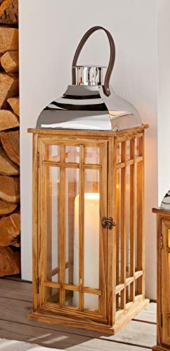 Laterne „Wood“, groß, 60 cm hoch, Windlicht aus Holz mit Glas, Metalldach & stabilem Henkel