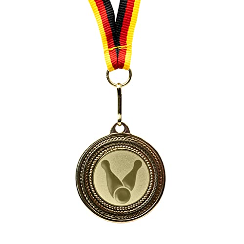 Pokal-Fabrik.de - 10 Stück Bowling Medaillen Kindergeburtstag aus Metall mit Band und Emblem für Kinder als Mitgebsel - mit schwarz rot goldenem Band