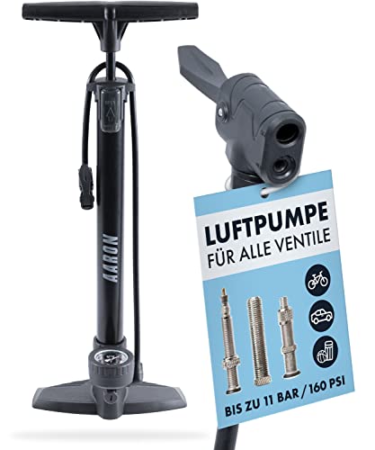 AARON AIR Fahrrad Standpumpe mit Manometer für alle Ventile, Hochdruck Fahrradpumpe Rennrad, Luftpumpe, Pumpe mit Ball Aufsatz, schwarz