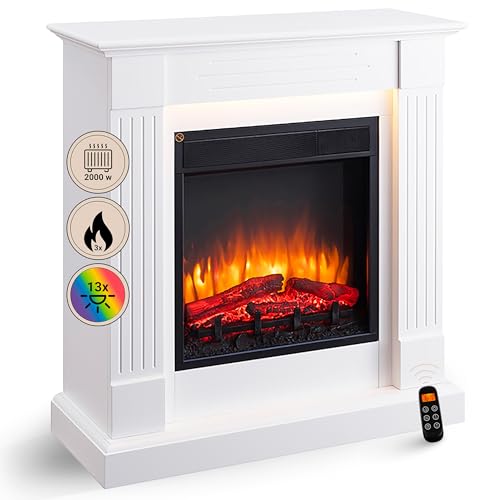 BALDERIA Elektrokamin Ladina | Elektrischer Standkamin mit 3D-Flammeneffekt | Elektro Heizung 2000W, LED-Beleuchtung, Fernbedienung, Timer & Thermostat | Weiß
