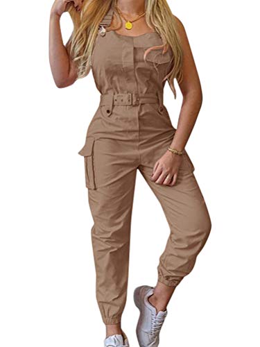 ORANDESIGNE Damen Latzhose Arbeitshose Lange Hose Overall Jumpsuit Playsuit Sommer Einfarbig Spielanzug Rompers Khaki M