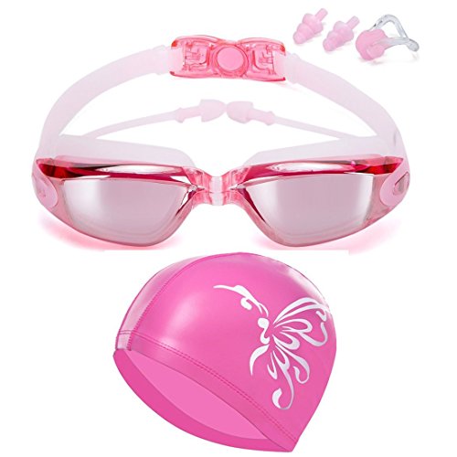 Canst Kaser Schwimmbrillen + Badekappen/Bademütze/Schwimmkappe, Schwimmbrille mit Antibeschlag und UV Schutz für Damen Herren & Kinder, Geschenke Nasenklammer,Ohrstöpsel (Rosa)