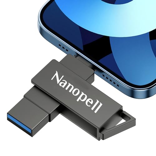 【Mit APP】 Nanopell USB Stick 64GB, USB Stick für iPhone zum Speichern von Mehr Fotos und Videos. Speicherstick für i0S/Android/PC, Mit i0S und USB3.0 Anschluss, Separater Typ C Adapter.