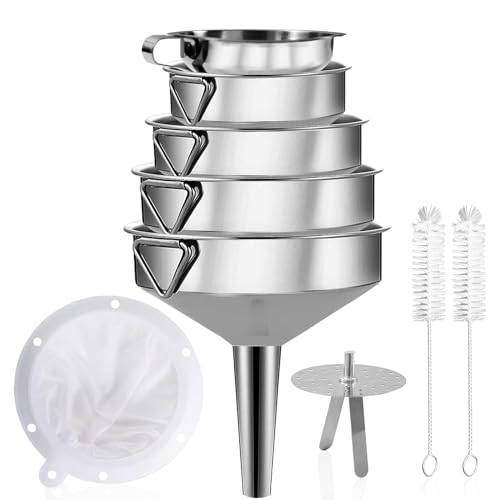 Gucass 9 Stk Edelstahl Trichter Set, Küche Trichter mit Griff, Marmeladentrichter mit Sieb, 200 Mesh Filter, Reinigungsbürste, Einfülltrichter zum Übertragen Gewürzen Flüssigkeiten Pulver Konfitüre
