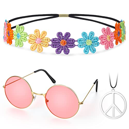 Hippie Kostüm Set 60er Runde Brille Frieden Zeichen Halskette Gänseblümchen Sonnenblumen Stirnband Hippie Accessoires für Damen Herren Verkleidung Hippie Party Zubehör (Rosa, Bunt)