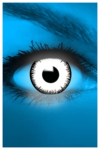 FUNZERA Farbige Kontaktlinsen Halloween UV weiß VAMPIR, 2 Stück (1 Paar), Ohne Sehstärke, leicht einzusetzende weiße Linsen, 2 x farbig weisse Kontaktlinse für Cosplay, Karneval, Fasching