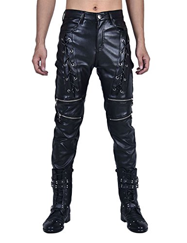Idopy Männer `s Biker Style schwarz Kunstleder Hose vorne Lace UP Hosen, Schwarz, W36 90cm(35.4inch)