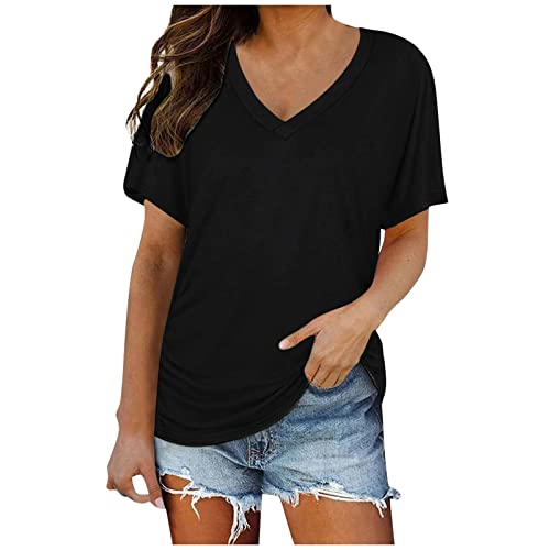 Generic Damen V-Ausschnitt Kurzarm Einfarbig T-Shirt Sommer Freizeit Loose Strand Oberteile Regular Fit Atmungsaktiv Streetwear Sportshirt Sweatshirt Sport Tops Tee
