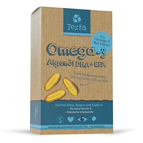 Omega-3 Vegan Kapseln – Mit Hochdosiert DHA- und EPA-Fettsäuren aus Algenöl – 100% pflanzlich – Plus Vitamin E – 60 Softkapseln - 2 Monate Vorrat