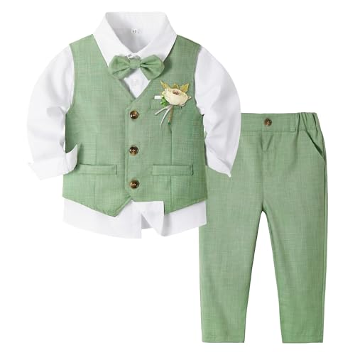Volunboy Baby Jungen Anzug, Kinder Anzugweste Festliche Hochzeit Kleidung Bekleidung Set 4tlg (3-4 Jahre, Wald Grün, Größe 110)
