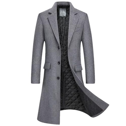 Lange Herren-Trenchjacke aus Wollmischgewebe, für Business, Freizeit, solider Umlegekragen, dicke Trenchjacke, gray9, L