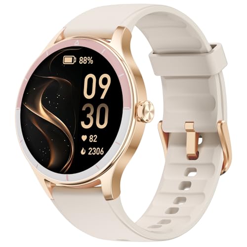 TOOBUR Smartwatch Damen Rund, Schrittzähler & Fitness Uhr für Laufen/Alltag, 100+ Sportmodi, Elegant Frauen Smart Watch Android/iOS Kompatibel, Telefonfunktion mit Anrufe, IP68 Wasserdicht, Beige