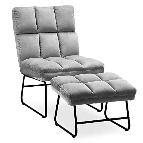 MCombo Sessel mit Hocker, Relaxsessel für Wohnzimmer, moderner Fernsehsessel Loungesessel Stuhl, Samt, 0014 (hellgrau)