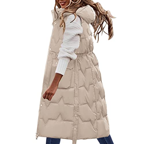 EMAlusher Damen Daunenweste Langmantel Leicht Daunenjacke Winter Ärmellos Warm Weste Jacke mit Kapuze Steppjacke Kapuzenweste Lange Steppweste Wintermantel Freizeit Outdoor Winterjacke