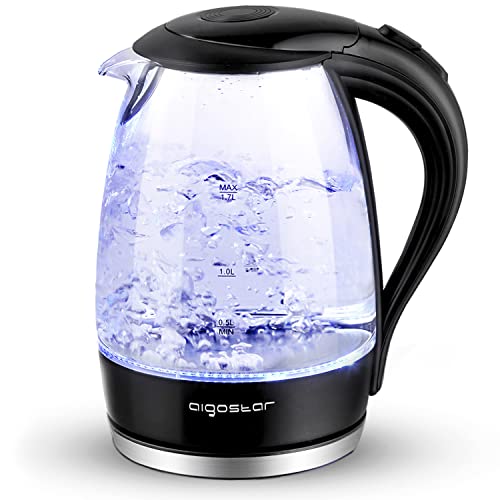 Aigostar Adam - Borosilikat Glas Wasserkocher 1,7 Liter, 2200 Watt, LED-Beleuchtung, Schnellkochfunktion, 360° Basis, Kalkfilter, Abschaltautomatik Trockenschutz, BPA frei, Schwarz