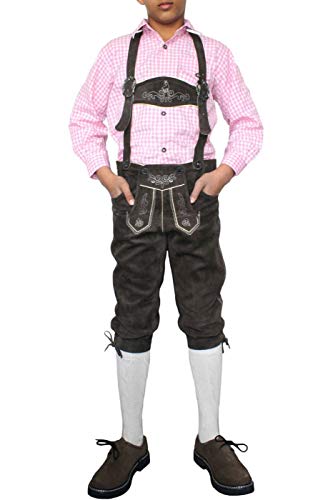 German Wear Jungen Kniebundhosen Leder Trachtenhose mit Hosenträgern, Farbe:Dunkelbraun, Größe:134
