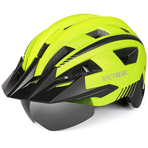 VICTGOAL Fahrradhelm MTB Mountainbike Helm mit magnetischem Visier Abnehmbarer Sonnenschutzkappe und LED Rücklicht Radhelm Rennradhelm für Erwachsenen Herren Damen (XL: 59-63cm, Yellow)