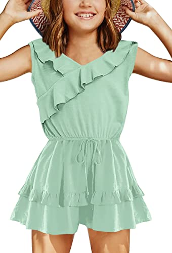 Haloumoning Jumpsuit Mädchen Rüschensaum Loose Fit Ärmellos Strampler Kinder Sommer Casual Shorts mit Taschen Overall,Grün,8-10 Jahre