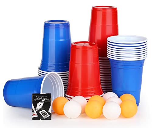 JOYZYAIYY Beer Pong Becher Set,Bierpong Becher,50 Beerpong Becher +10 Bällen,473ml Beerpongbecher mit Bällen,Partybecher 25 Rot + 25 Blau 16.6oZ Cups,mehrwegbecher Für Party Trinkspiele Game - Groß