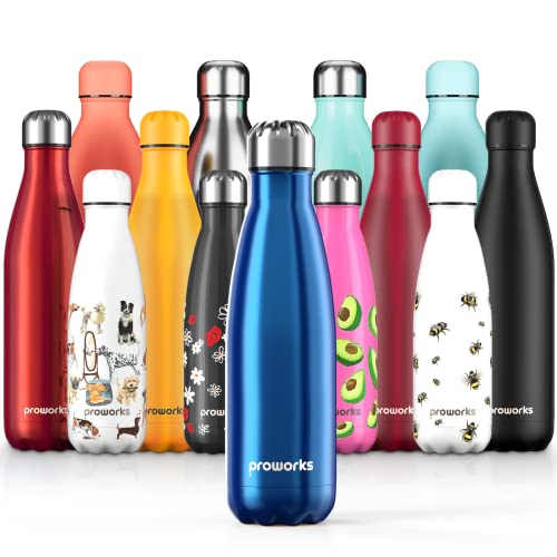 Proworks Edelstahl Trinkflasche | 24 Std. Kalt und 12 Std. Heiß - Premium Vakuum Wasserflasche - Perfekte Isolierflasche für Sport, Laufen, Fahrrad, Yoga, Wandern und Camping - 1 Liter - Blau