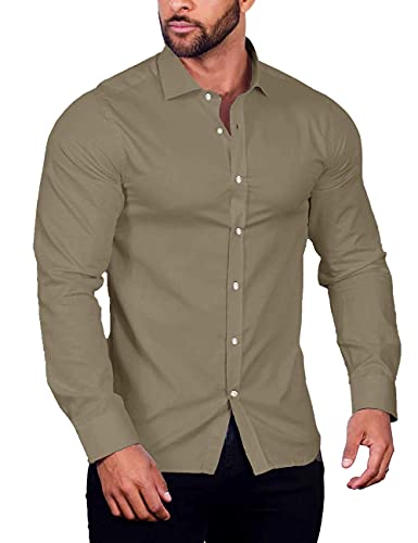 COOFANDY Herren Muscle Fit Hemden Faltenfreies Langarm Lässiges Hemd mit Knöpfen, Khaki, M