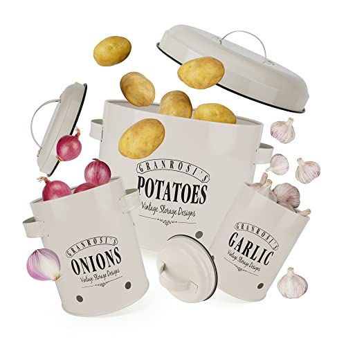 Granrosi Aufbewahrungsbox 3er Set, Küche Aufbewahrung & Organisation Vorratsdose mit Deckel für Kartoffeln, Zwiebeln & Knoblauch, Vintage Design Topf für Lange Haltbarkeit (Vintage Grau)