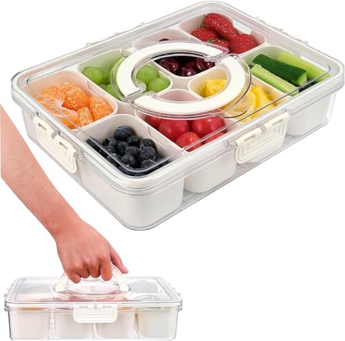 Snackbox Mit Fächern,Snackbox kinder Geteiltes Serviertablett Mit Deckel Und Griff Snackteller Mit Deckel Partybutler 8 Fächer Gewürzbehälter für Picknick Süßigkeiten Obst Keksen Dessert Gemüse