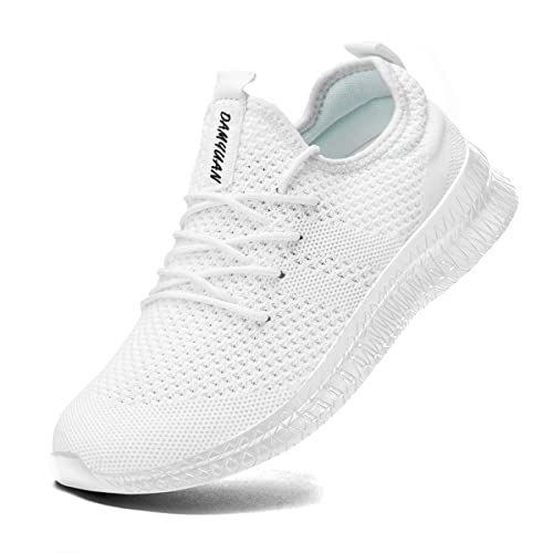 FUJEAK Herren Walkingschuhe Turnschuhe Fitnessstudio Sportschuhe Sneaker Running Tennis Schuhe Freizeit Straßenlaufschuhe Fashion Leichtgewichts Atmungsaktiv Schlüpfen Schuhe Weiß 45 EU