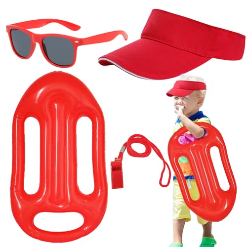 WoRuyKot 4 Stück Lifeguard Costume, Lifeguard Kostüm Set, Lifeguard Set Herren, Rettungsschwimmer-Visier, Sonnenbrille, Sportpfeife, Boje, für Erwachsene Fasching Kostüm Karneval Herren & Damen