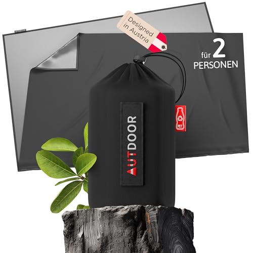 AUTDOOR® Mini Picknickdecke 2 Personen - nachhaltig aus recycelten Nylon - Stranddecke + Karabiner. Klein und kompakt für Camping, Picknick & Wandern