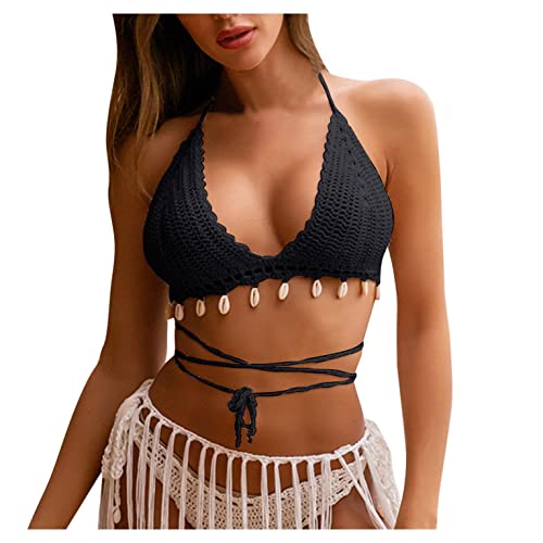 Kanpola Bademode Bikini Set Damen Stricken Triangel Bademode Sexy Neckholder Swimsuit Zweiteiliger Badeanzug Vintage Boho Schwimmanzug Strandmode mit Schnürung, Schwarz, M